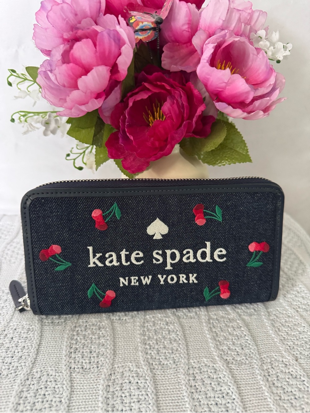 Kate Spade NWOT denim cherry long zip around wallet